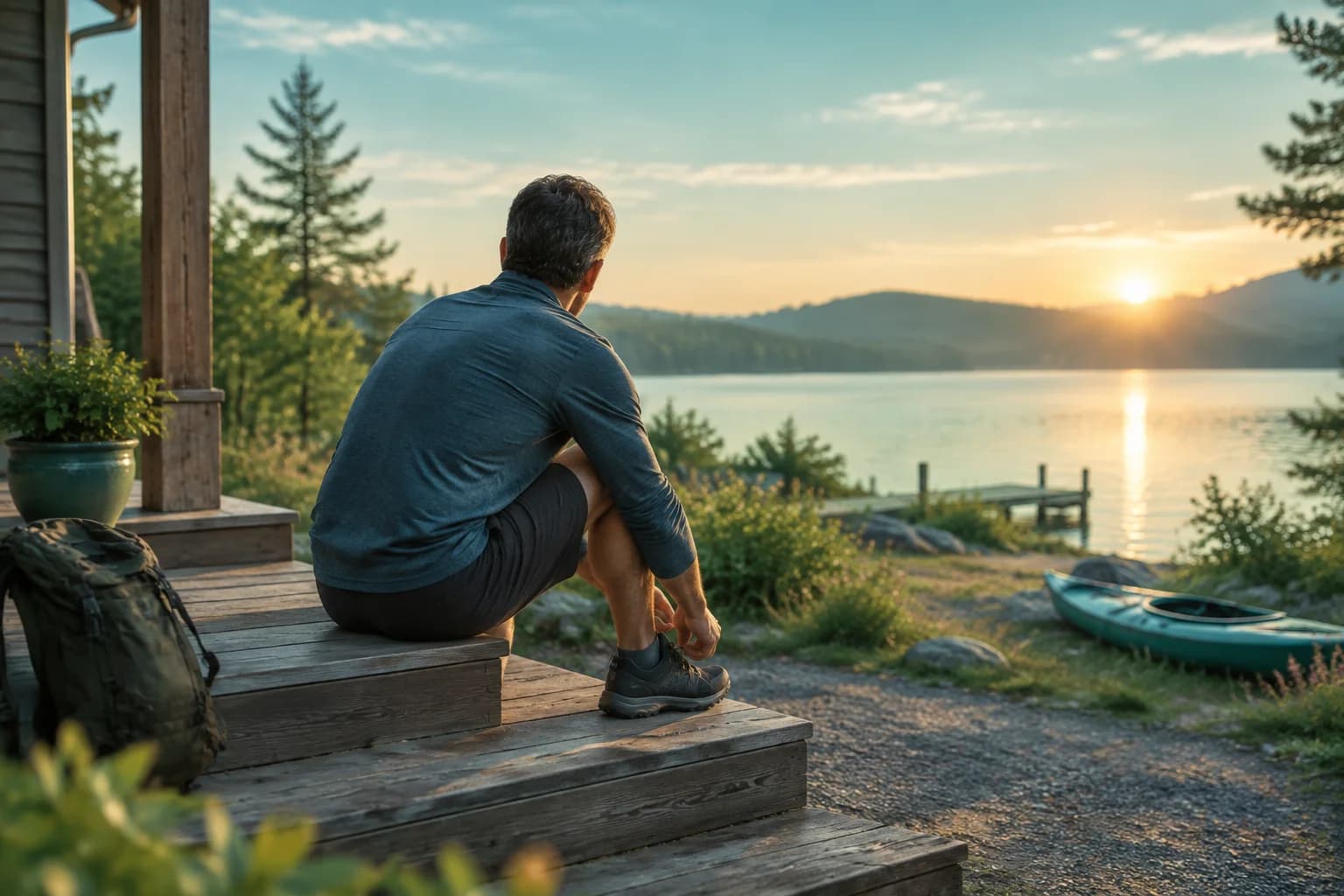 Man lacing his shoes on a porch at sunrise, looking out over a lake