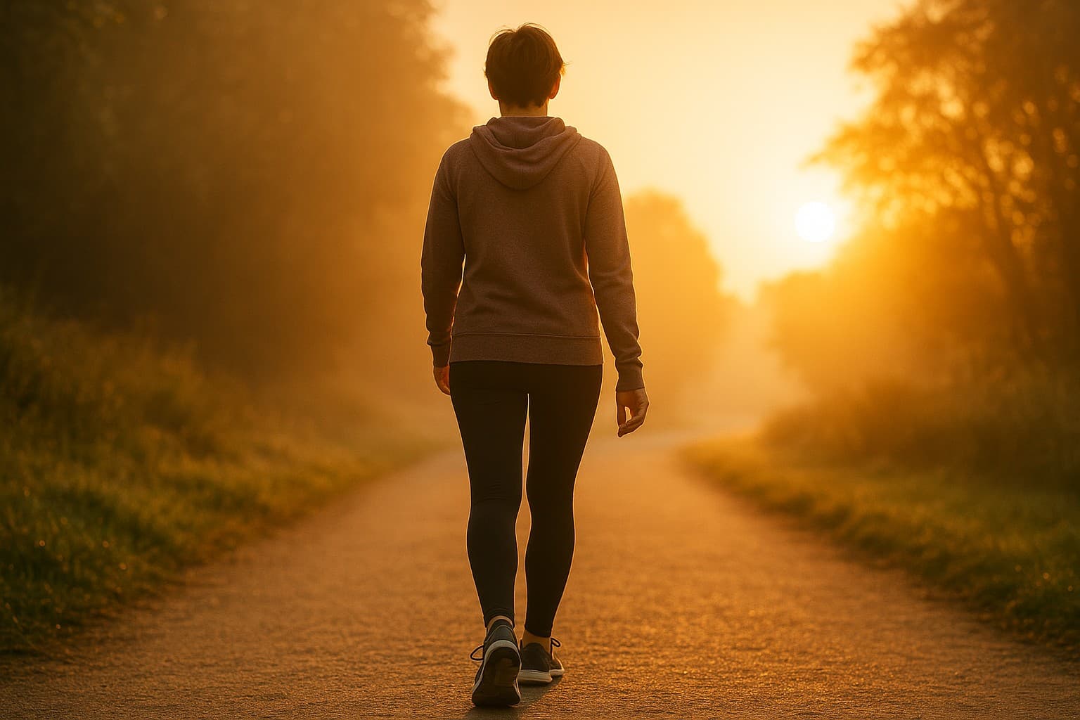 Person walking outdoors at sunrise